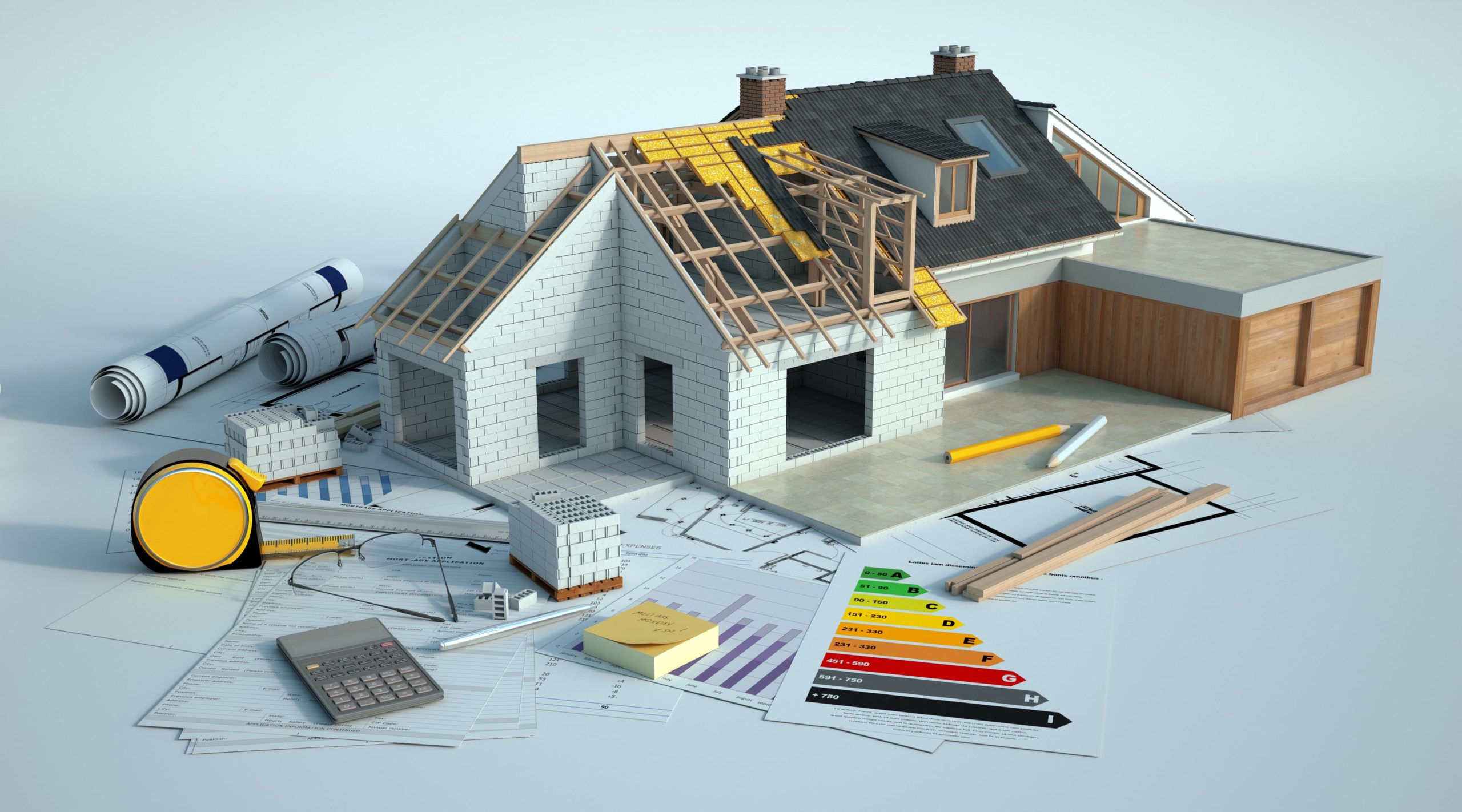 Maison en construction, plans et outils